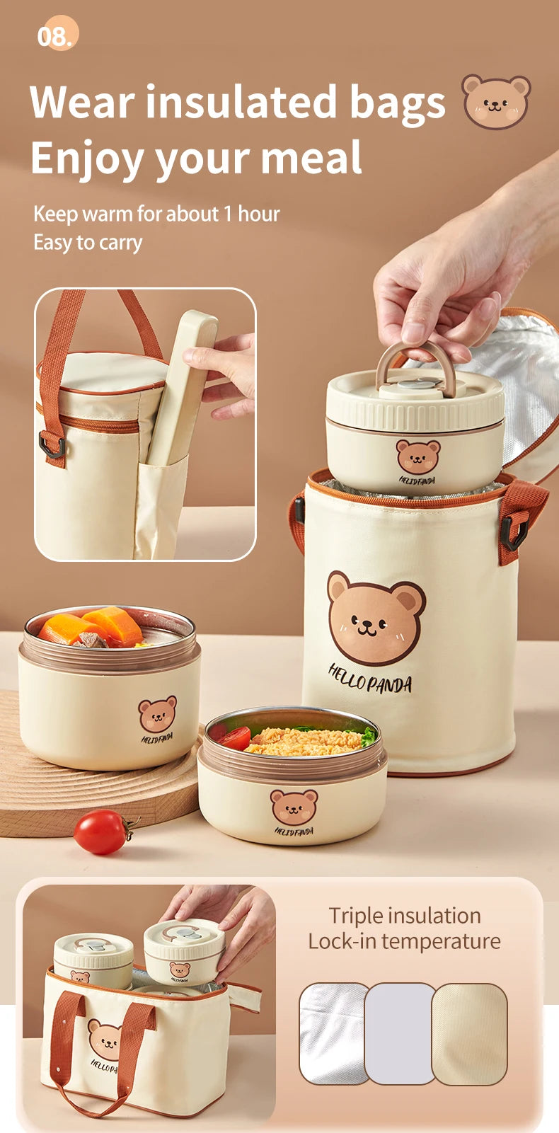 WORTHBUY Cute Bear 304 Stainless Steel Thermal Lunch Box For Kids Adults Portable Microwave Bento Box Leak Proof Food Container