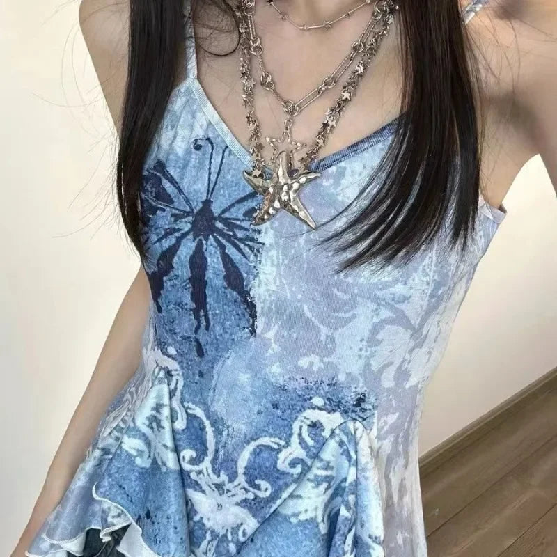 Asymetrical Tanks Camis for Women Niche Design Summer Personality Girls Clothing Fashion Tie Dye Outwear Casual Chic Students - Tasawoq