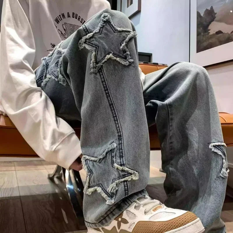 Stars Patchwork Men Jeans New Fashion Y2K Tassel Pants Korea Clothes Straight Hip Hop Splicing Trousers Male Streetwear - Tasawoq
