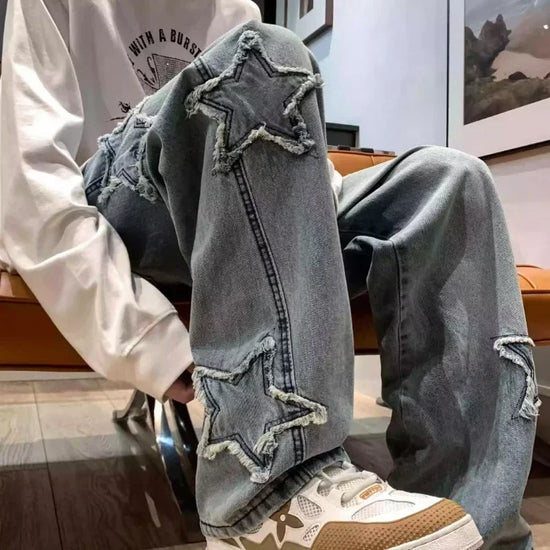 Stars Patchwork Men Jeans New Fashion Y2K Tassel Pants Korea Clothes Straight Hip Hop Splicing Trousers Male Streetwear - Tasawoq