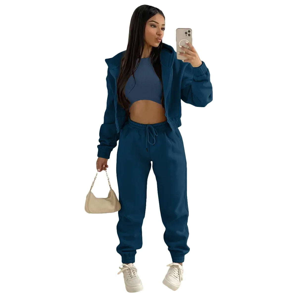 3pcs Women's Clothing Set Fleece-lined Hooded Sweater &Sleeveless Tank Top & Sports Sweatpants Pants - Tasawoq