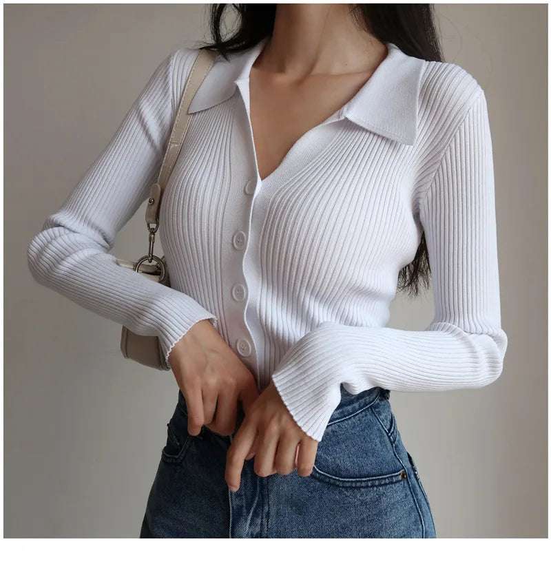 AOSSVIAO 2025 Ladies Buttons Sexy V Neck Long Sleeve POLO Neck Knit Cardigan Sweater Women Lapel Slim Tops - Tasawoq