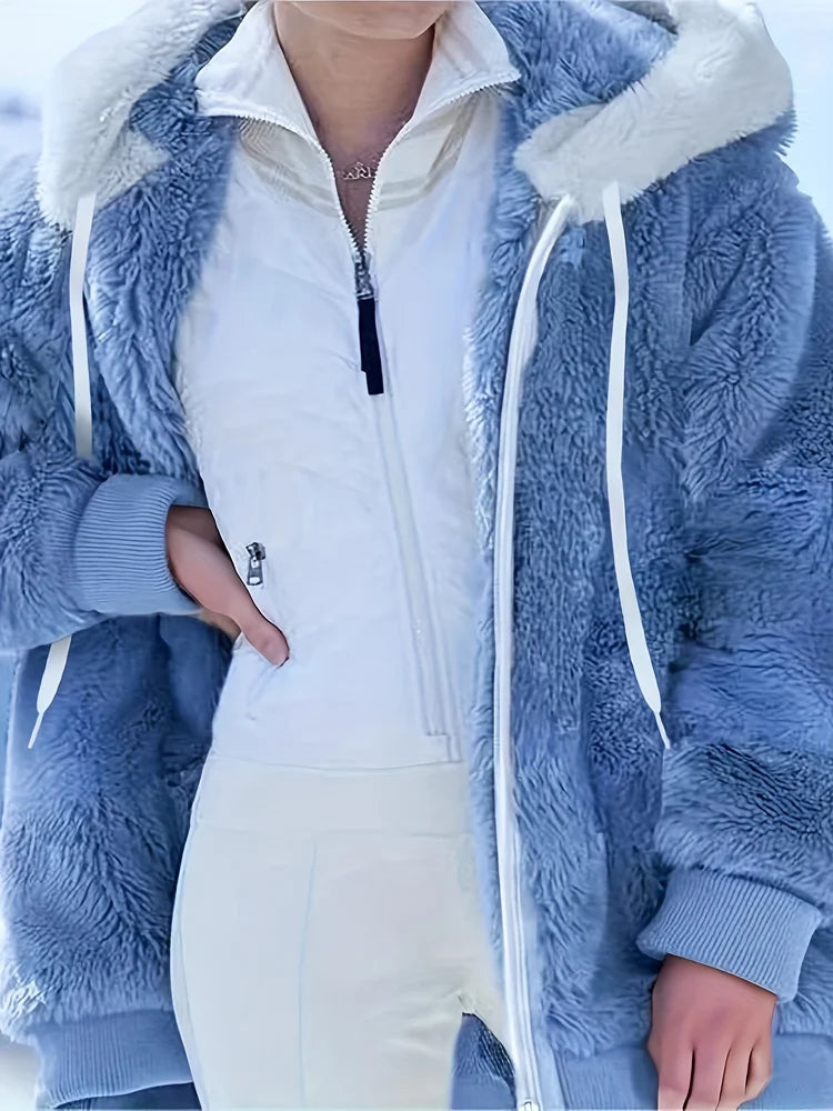 Women's Jacket Plush Zipper Pocket Hooded Long Sleeve Solid Fur Casual Loose Warm Winter Ladies Coats 2024 Fashion Thick Clothes - Tasawoq