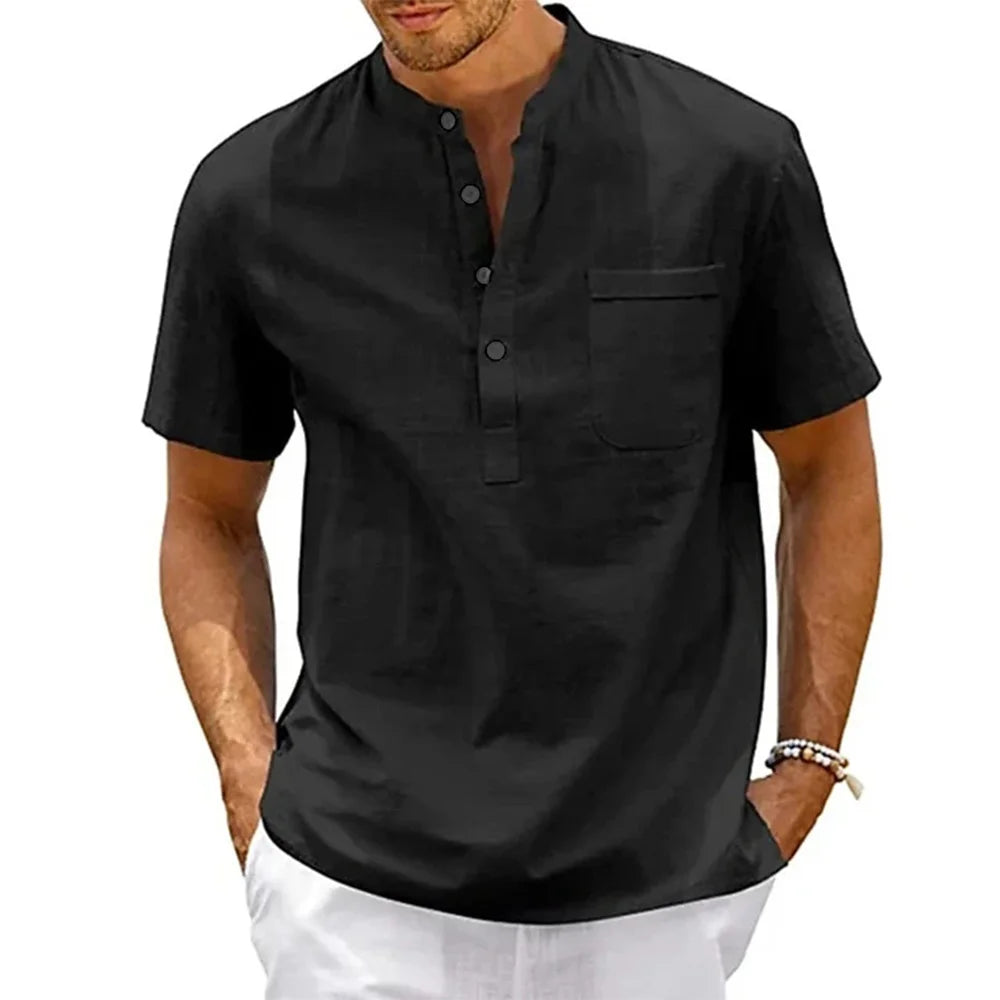 Cotton Linen Shirt Men Henley Neck Pocket Casual Beach Short Sleeve Solid Color Male Tops T-shirts Vintage Streetwear - Tasawoq