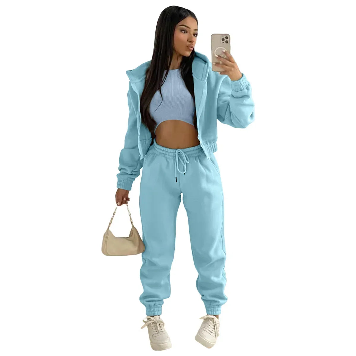 3pcs Women's Clothing Set Fleece-lined Hooded Sweater &Sleeveless Tank Top & Sports Sweatpants Pants - Tasawoq