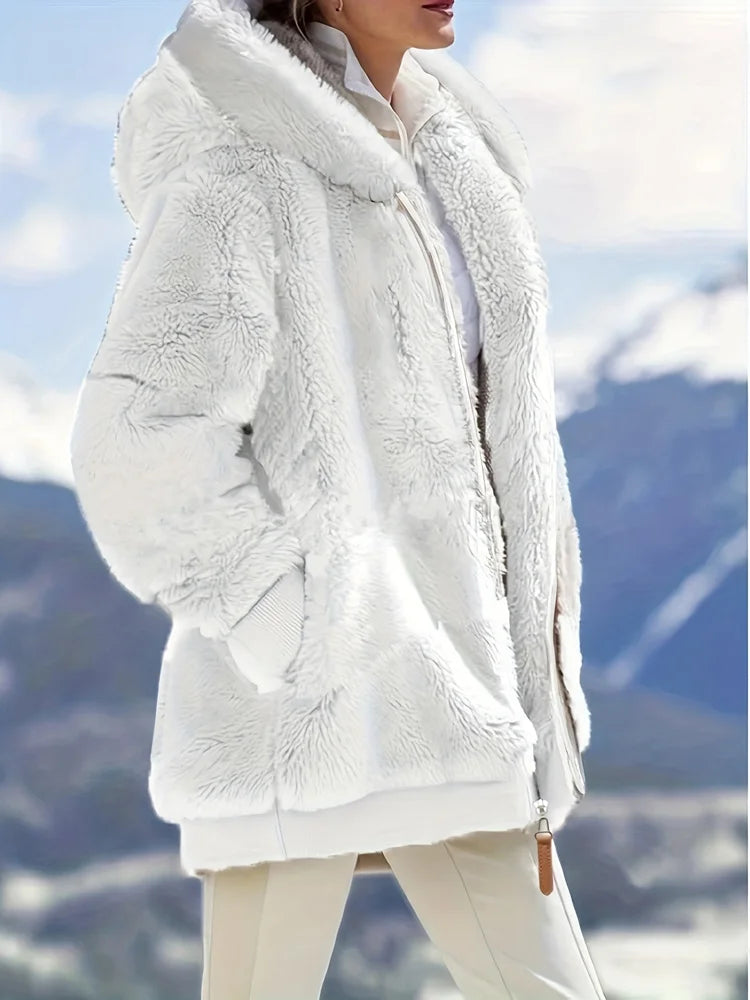 Women's Jacket Plush Zipper Pocket Hooded Long Sleeve Solid Fur Casual Loose Warm Winter Ladies Coats 2024 Fashion Thick Clothes - Tasawoq