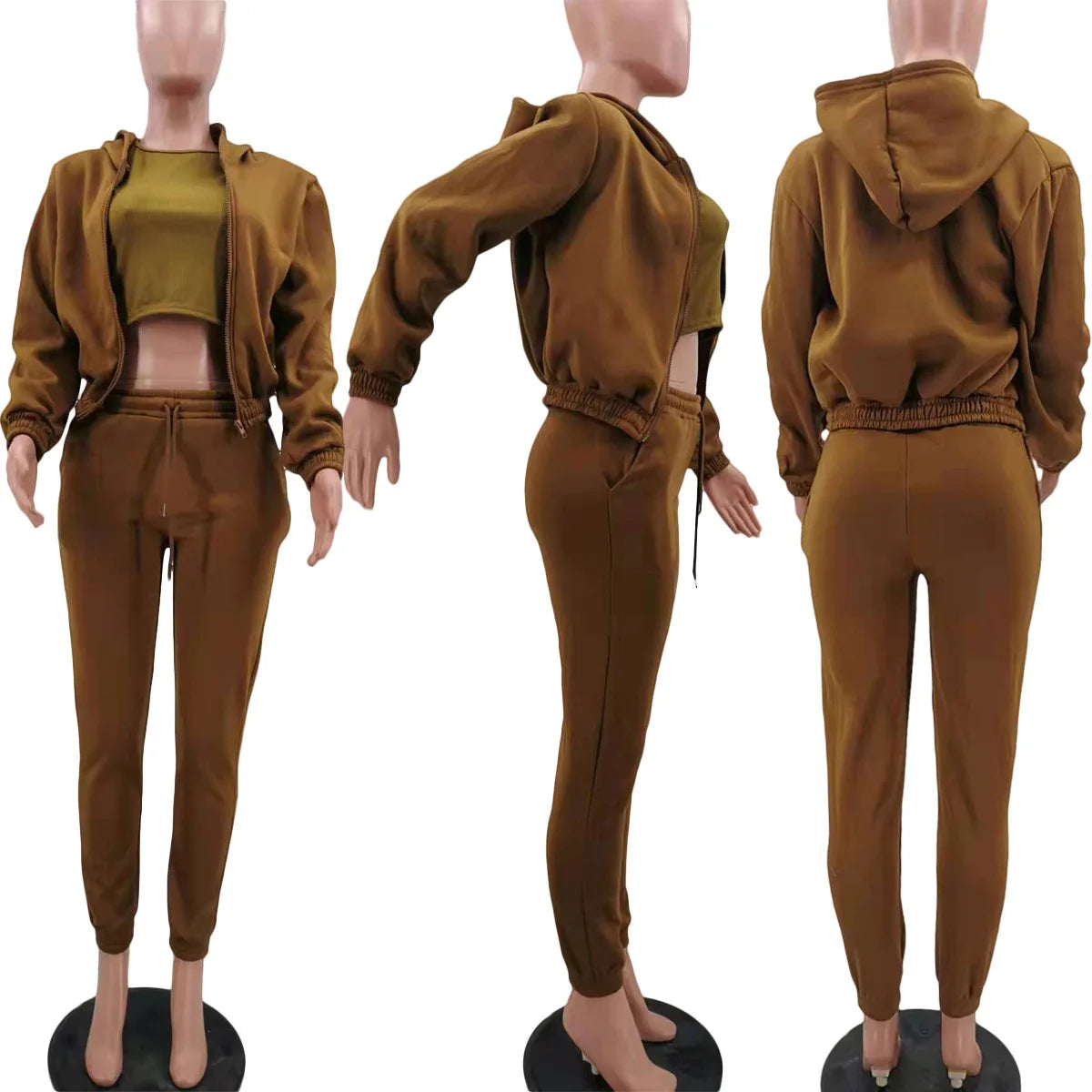 3pcs Women's Clothing Set Fleece-lined Hooded Sweater &Sleeveless Tank Top & Sports Sweatpants Pants - Tasawoq