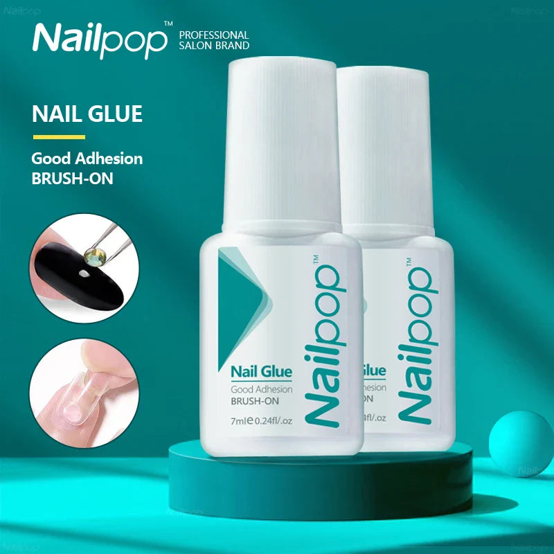 Nailpop Nail Glue for False Tips Glitter Acrylic Nail Art Adhesive Manicure Tool Rhinestone Glue Bottle Cap with Brush 2pcs - Tasawoq