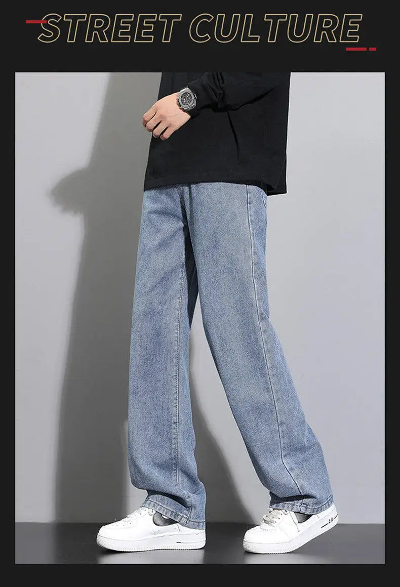2025 New Korean Men's Casual Long Jeans Classic Man Straight Denim Wide-leg Pants Solid Color Light Blue Grey Black - Tasawoq