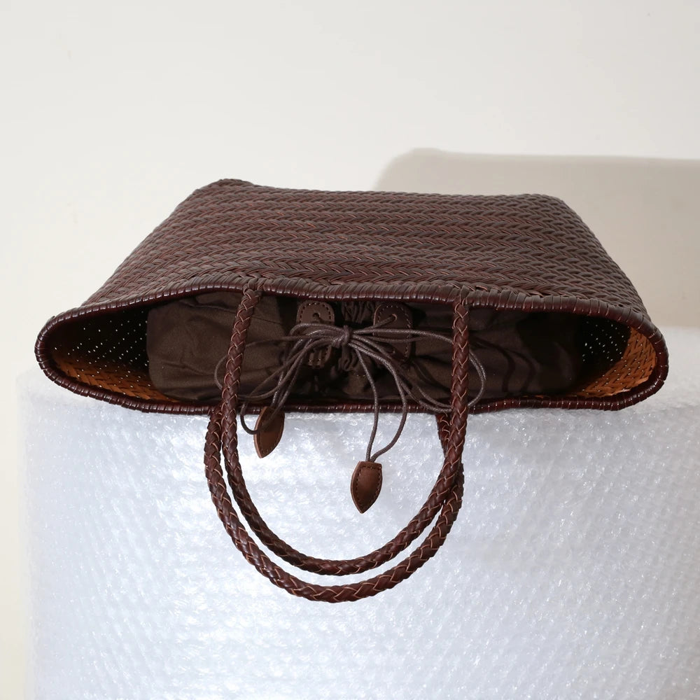Handbags Women's Genuine Leather Shoulder Bag Weaving Casual Shopping Bag Vintage Big Tote Purse Cowhide Cross Hand Bags Lady - Tasawoq