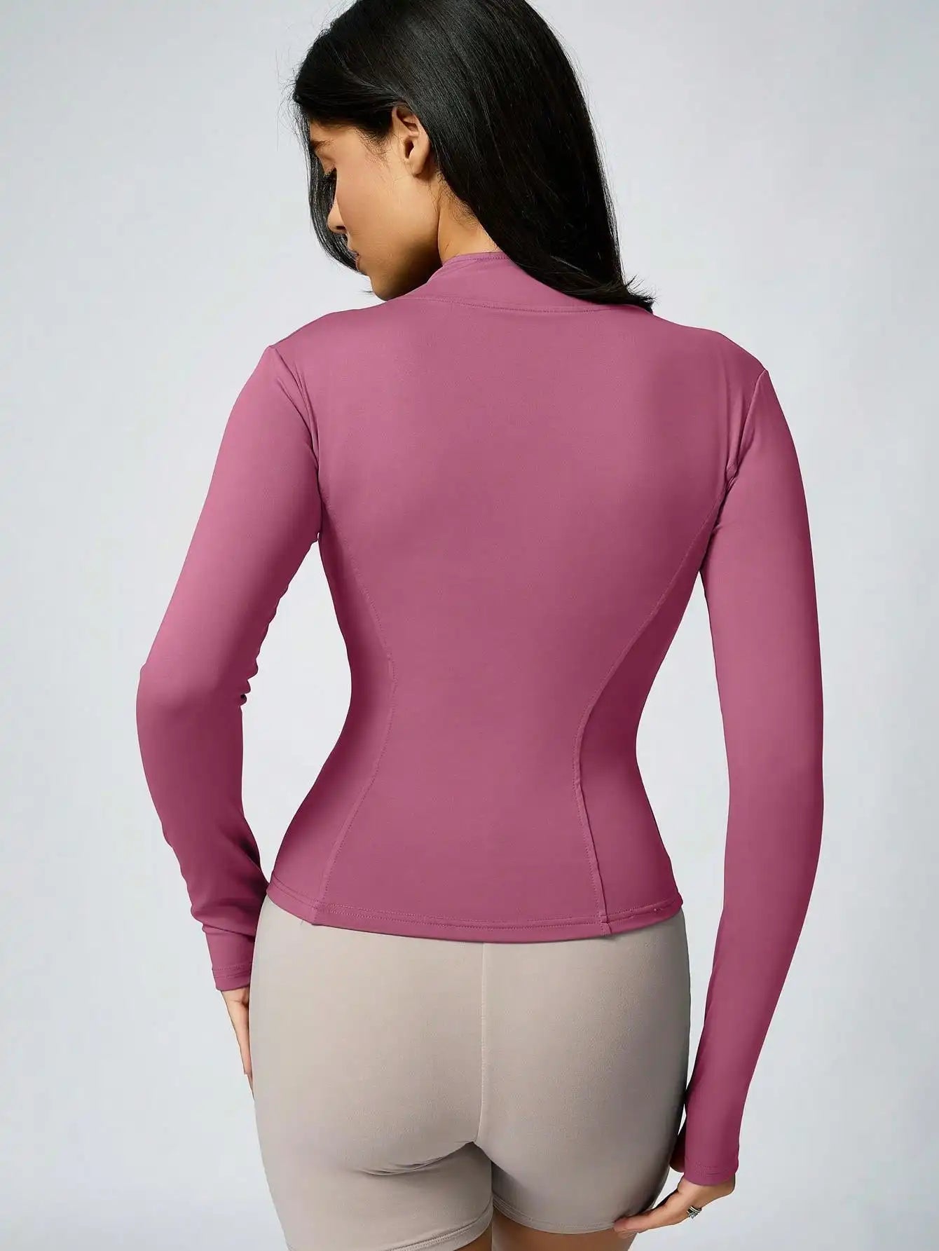 Women's Solid Color Zipper Turtleneck Sports Jacket, Long-Sleeved Sports Top, Gym Wear, Ladies' Sportswear for Indoor and Outdoo - Tasawoq
