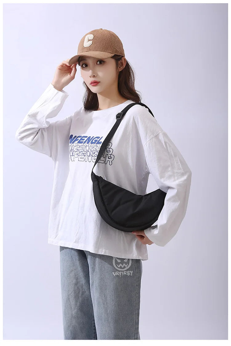 Solid Color Women's Portable Shoulder Bag Simple Female Nylon Cloth Padded Crossbody Bags Travel Purse Handbags Messenger Bag - Tasawoq