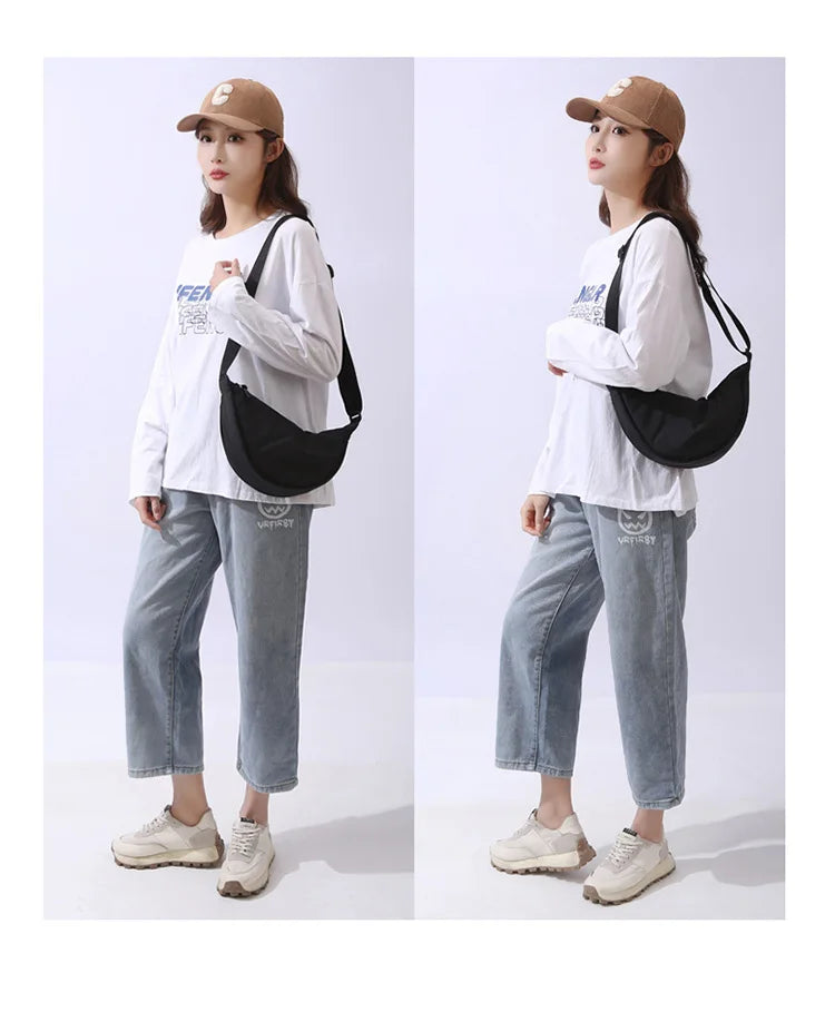 Solid Color Women's Portable Shoulder Bag Simple Female Nylon Cloth Padded Crossbody Bags Travel Purse Handbags Messenger Bag - Tasawoq