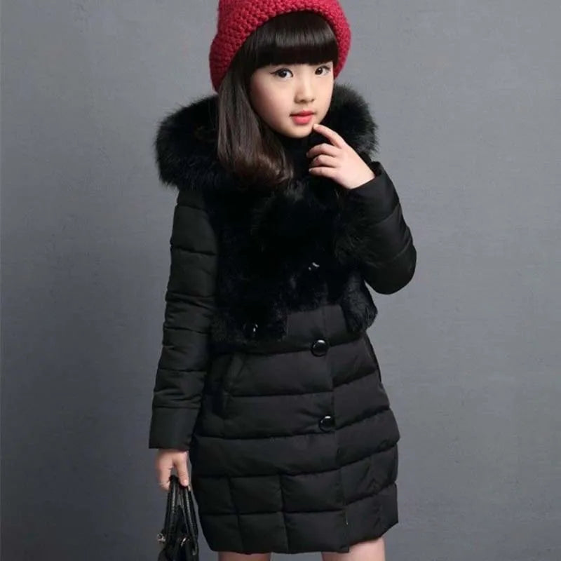 2024 Winter Warm Jackets for Girls Fashion Fur Hooded Children Girls Waterproof Outwear Kids Cotton Lined Parkas - Tasawoq