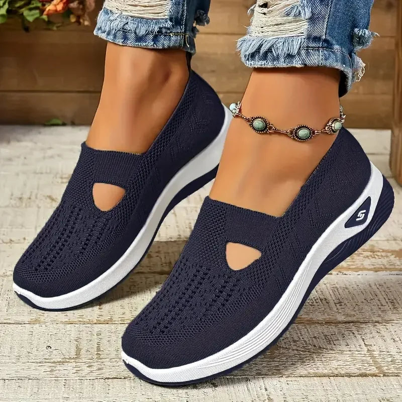 Women's Solid Color Breathable Sneakers, Soft Sole Lightweight Slip On Walking Shoes, Low-top Knitted Casual Shoes - Tasawoq