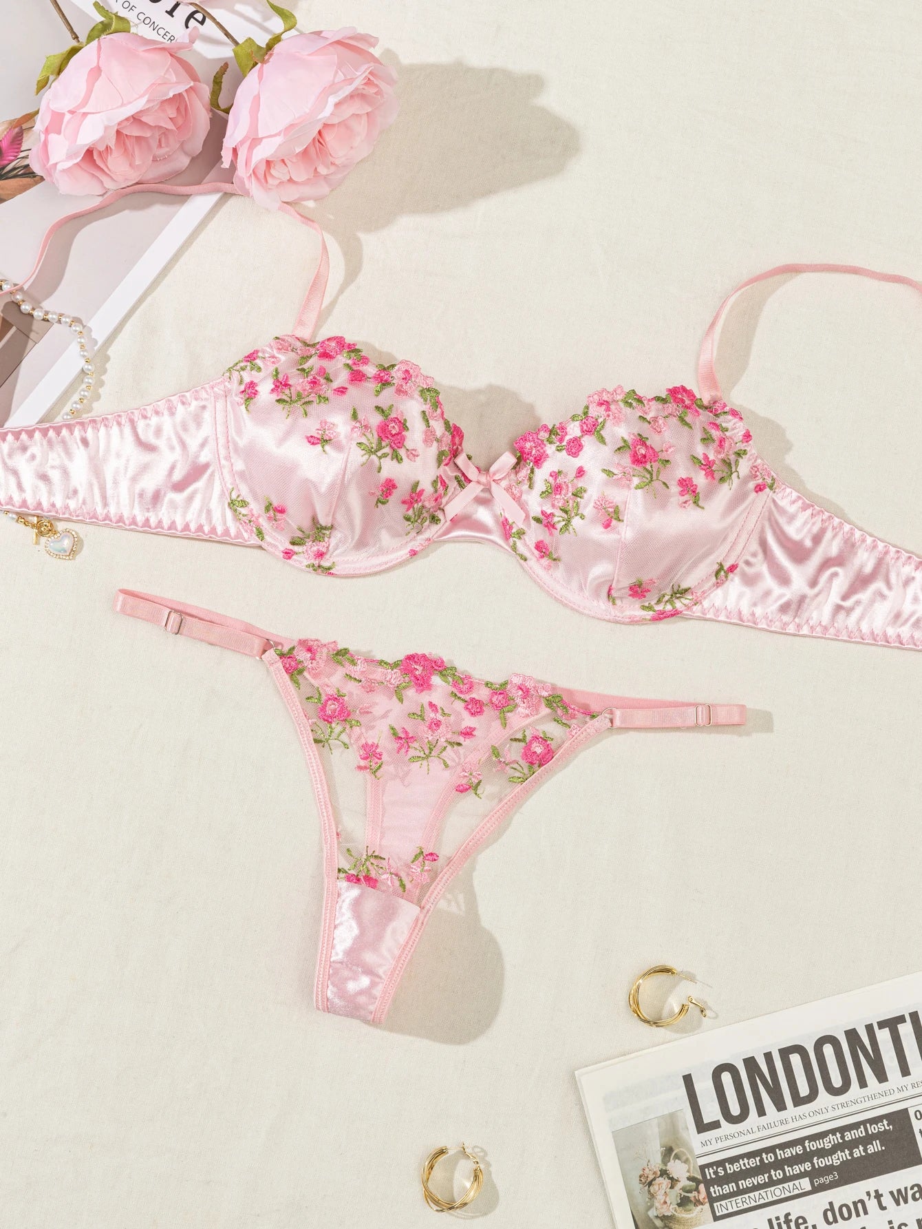 Summer Young Girls Floral Lingerie Hot Transparent Cheap Pink Lingerie set Sexy Two Piece Bras Panty Brief Sets - Tasawoq