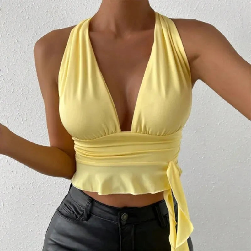 Women's Sexy Tight Fitting Deep V-neck Pleated Top Tight Fitting 2024 Spring Beach Resort Nightclub New Model Women's Sexy Tigh - Tasawoq