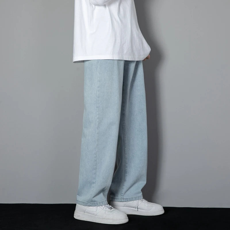2025 New Korean Men's Casual Long Jeans Classic Man Straight Denim Wide-leg Pants Solid Color Light Blue Grey Black - Tasawoq