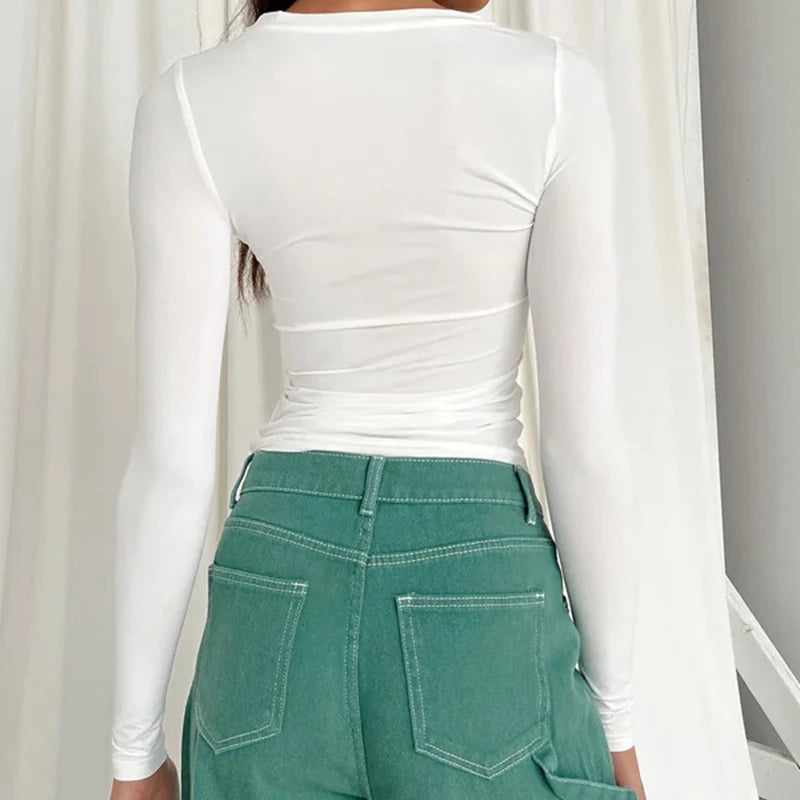 Woman Clothing Long Sleeve T-shirt Slim Fit Tops Female O-Neck Knitted Close-fitting Tee Shirt Street Wear 2024 New 2408 - Tasawoq