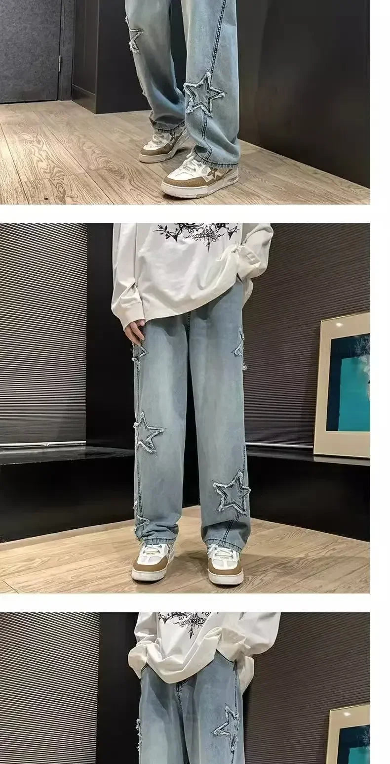 Stars Patchwork Men Jeans New Fashion Y2K Tassel Pants Korea Clothes Straight Hip Hop Splicing Trousers Male Streetwear - Tasawoq