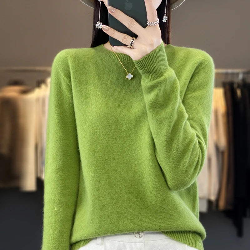 Women's 100% Beautiful Wool Round Neck Top Fashion Versatile Knitted Loose Long Sleeve Pullover Thin Sweater Yuan Ling - Tasawoq
