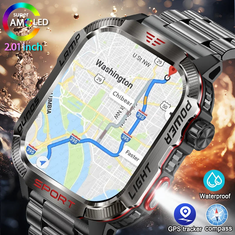 New For Huawei Xiaomi Military GPS Smart Watch Men Flashlight Compass Waterproof Outdoor Sport Tracker Bluetooth Call Smartwatch - Tasawoq