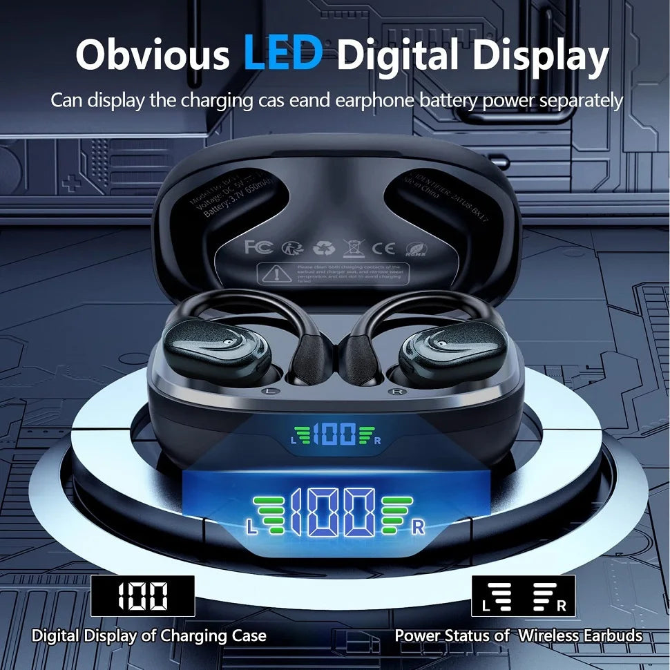 Bluetooth 5.3 Earphones True Wireless Headphones with Mic Button Control Noise Reduction Earhooks Waterproof Headset for Sports - Tasawoq