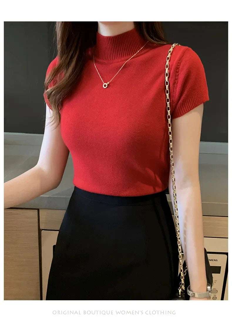 Women's Half-High Neck T-Shirt Fashion Jumper Casual Tops Korean Style Elegant Solid-Coloured Clothing Spring And Summer Season - Tasawoq