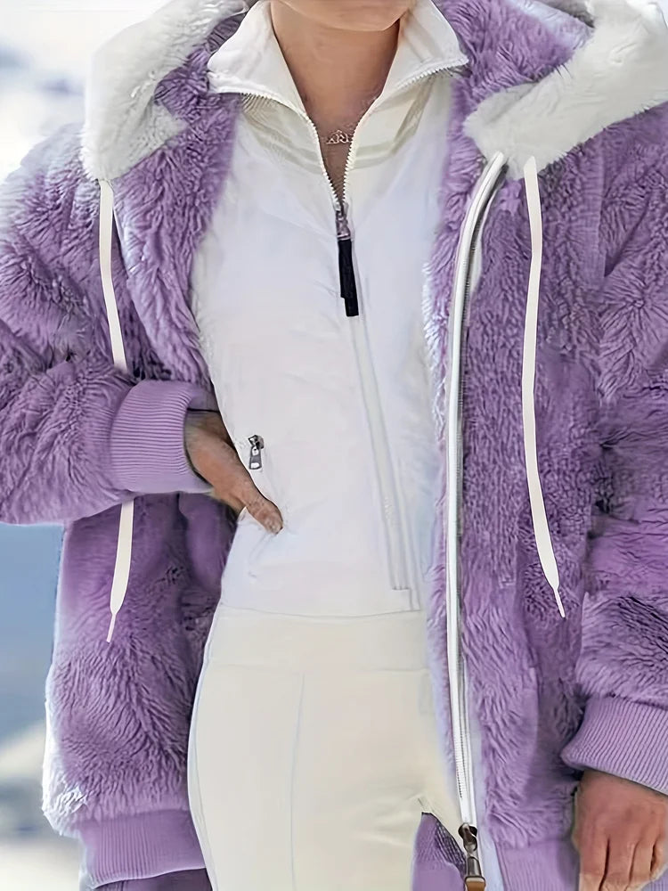 Women's Jacket Plush Zipper Pocket Hooded Long Sleeve Solid Fur Casual Loose Warm Winter Ladies Coats 2024 Fashion Thick Clothes - Tasawoq