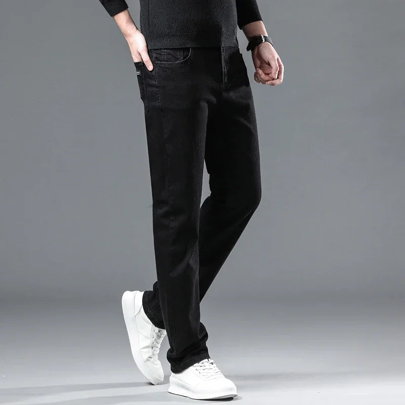 WTHINLEE Winter Men Black Straight Stretch Denim Thick Velvet Pants Warm Jeans Casual Fleece Line Trousers Male Plus Size - Tasawoq