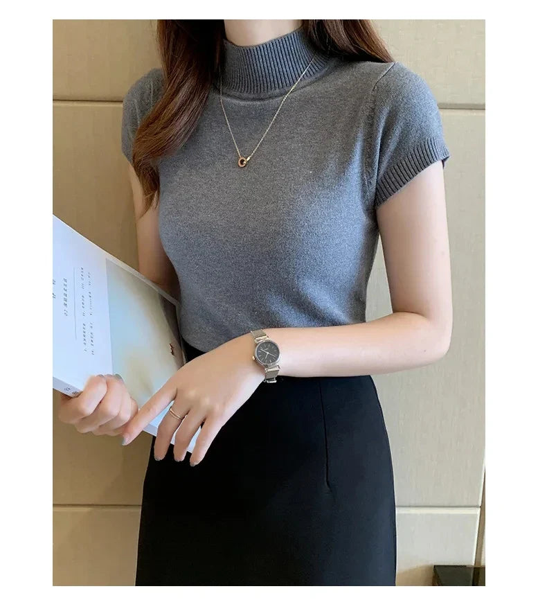 Women's Half-High Neck T-Shirt Fashion Jumper Casual Tops Korean Style Elegant Solid-Coloured Clothing Spring And Summer Season - Tasawoq