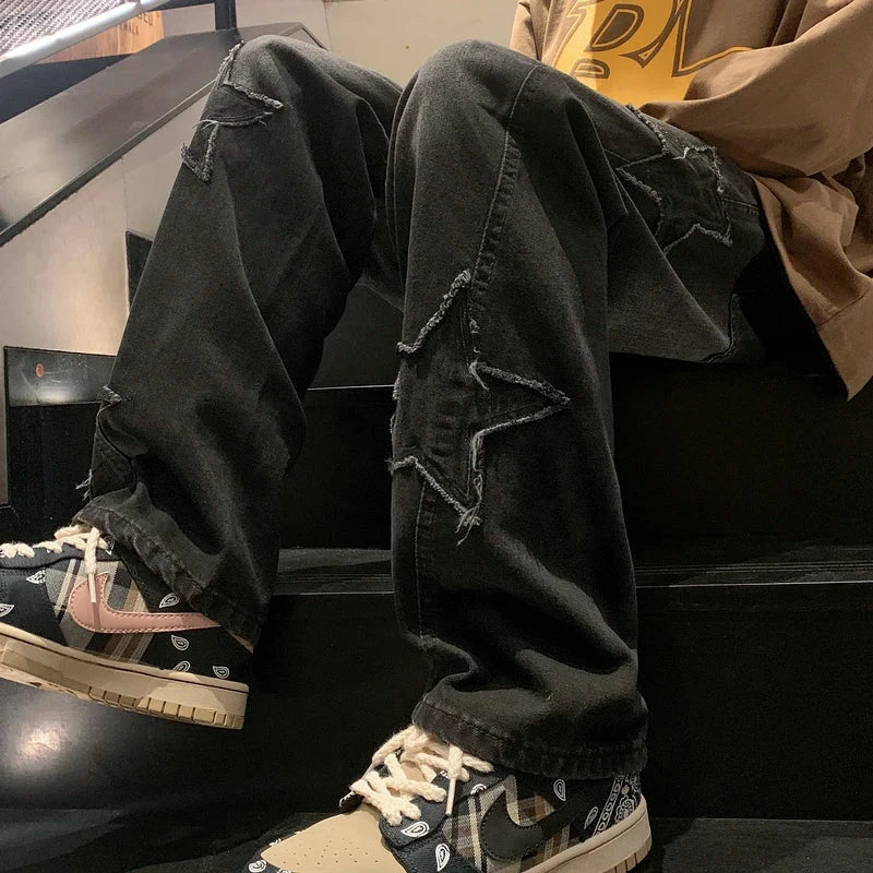 Star Embroidery Straight Casual Men Jeans Gothic Neutral New Wide Leg Loose Hip-hop Fashion Youth Streetwear Denim Trousers Y2K - Tasawoq