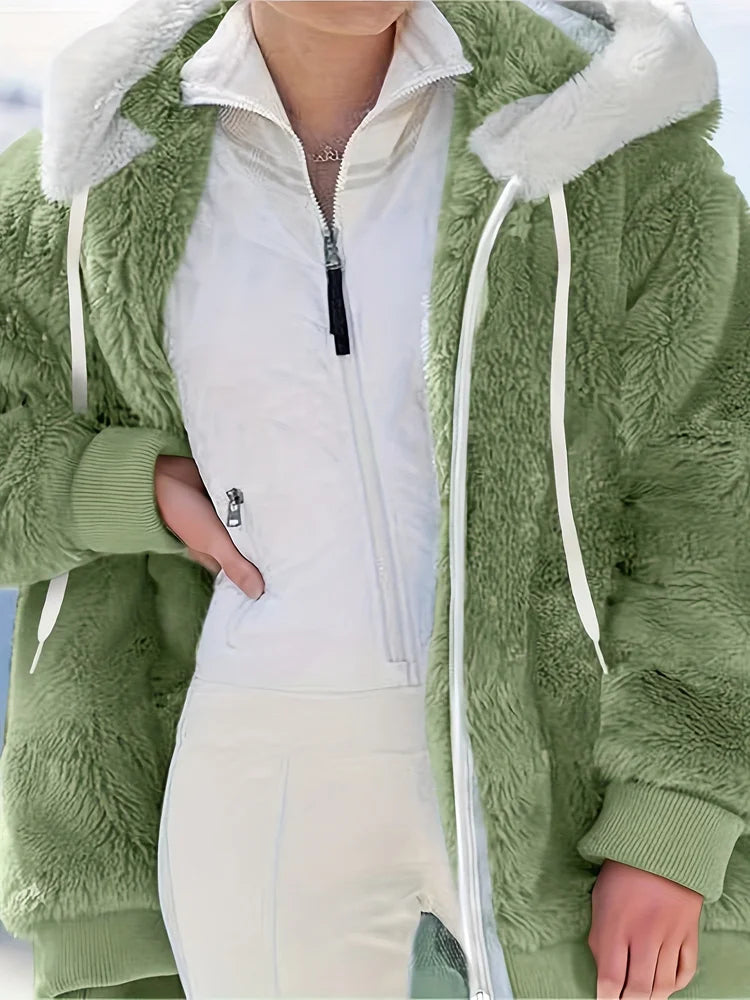 Women's Jacket Plush Zipper Pocket Hooded Long Sleeve Solid Fur Casual Loose Warm Winter Ladies Coats 2024 Fashion Thick Clothes - Tasawoq