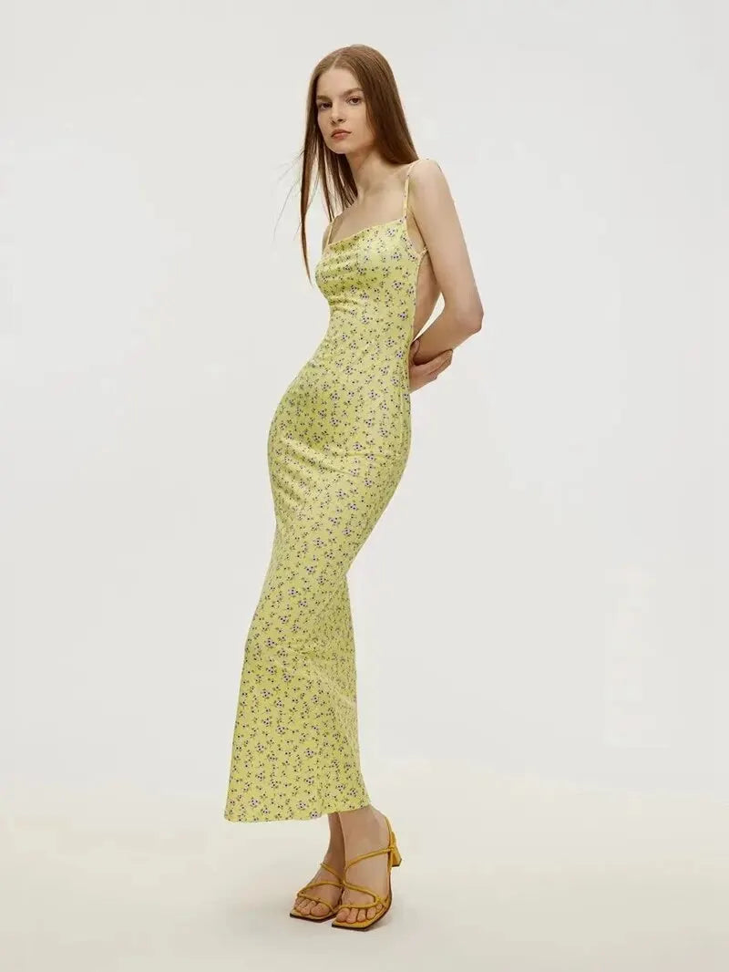 Long Floral Suspender Dress Nsummer Sexy Backless Slimming Beach Dress Fashionable Simple Printed Banquet Women's Clothing - Tasawoq