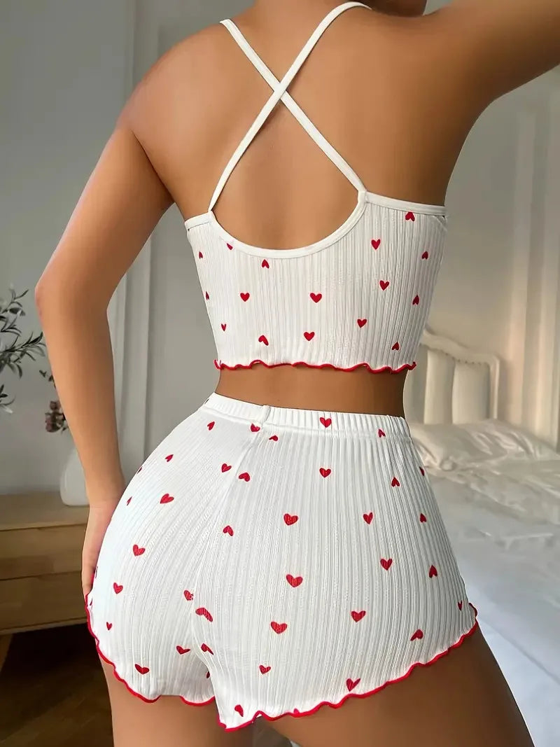 Sleepwear Women Pajamas Set Heart Print Soft Ribbed Fabric with Flirty Frill Trim Casual Cami Top and Shorts Sets Loungewear - Tasawoq