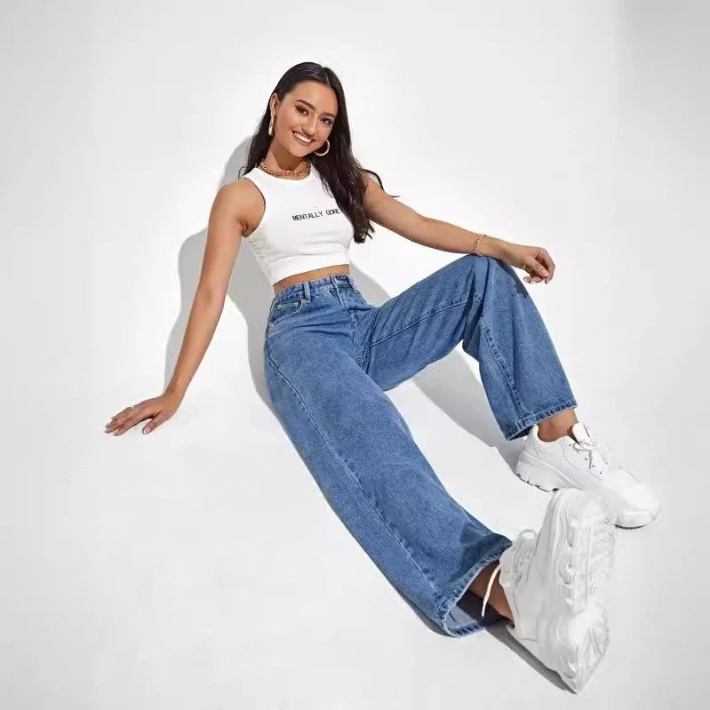 2024 new women's wear European and American loose Denim wide leg pants slimming high waist all-match jeans for women - Tasawoq