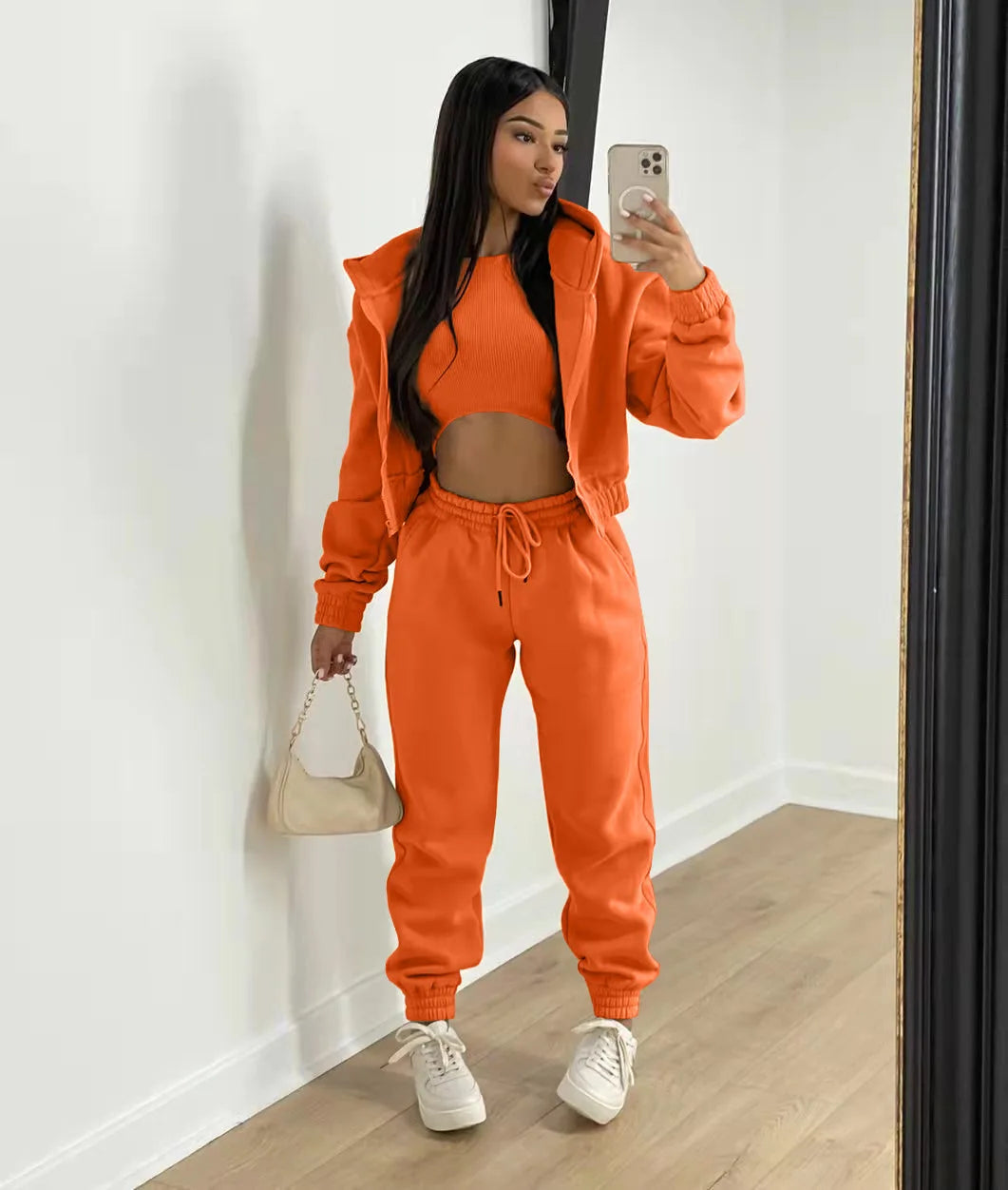 3pcs Women's Clothing Set Fleece-lined Hooded Sweater &Sleeveless Tank Top & Sports Sweatpants Pants - Tasawoq
