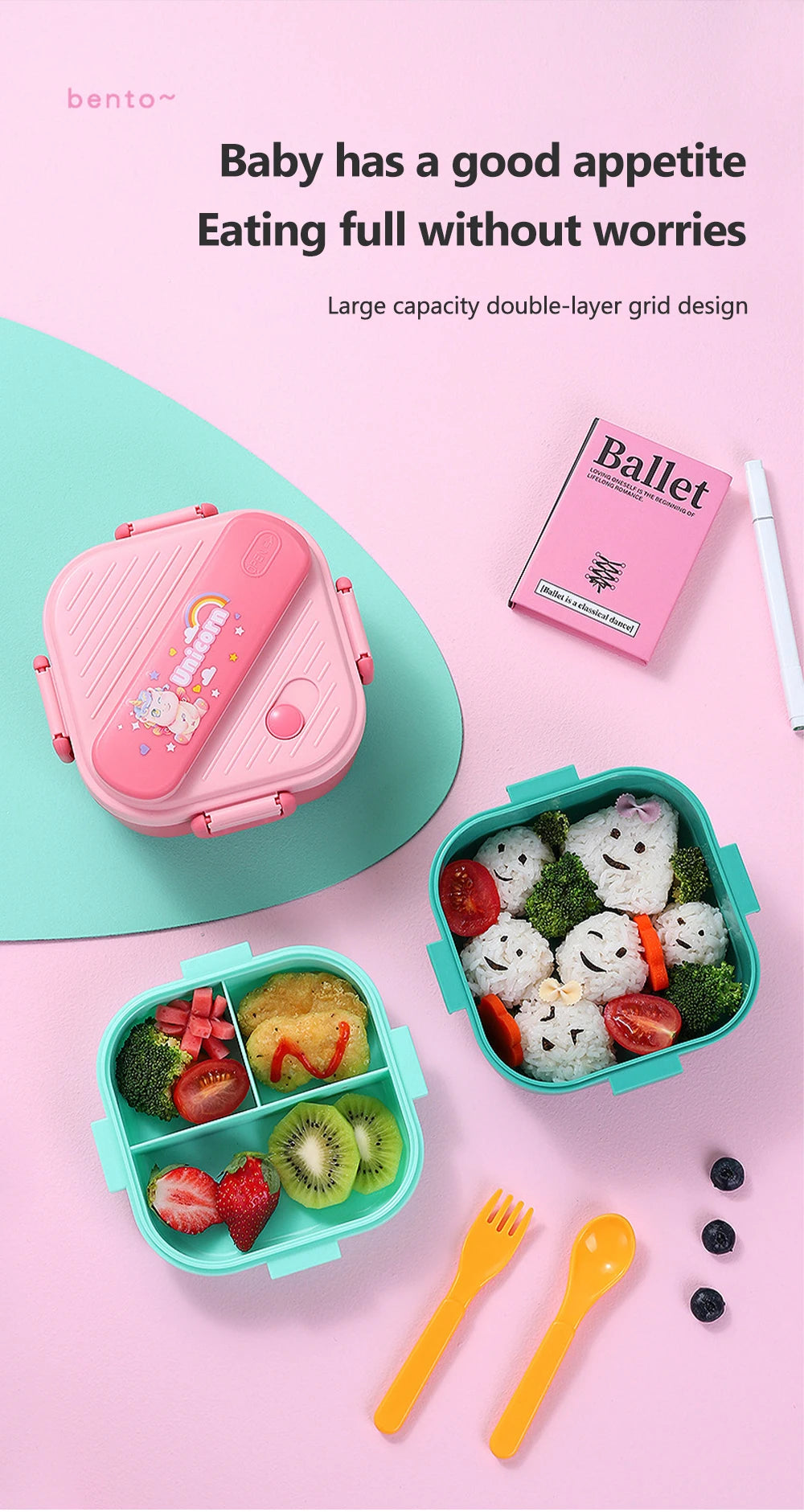 3 Grids Unicorn Lunch Box For Children Students Sandwich Fruit Food Storage Container Cartoon Kids Bento Box For School Camping