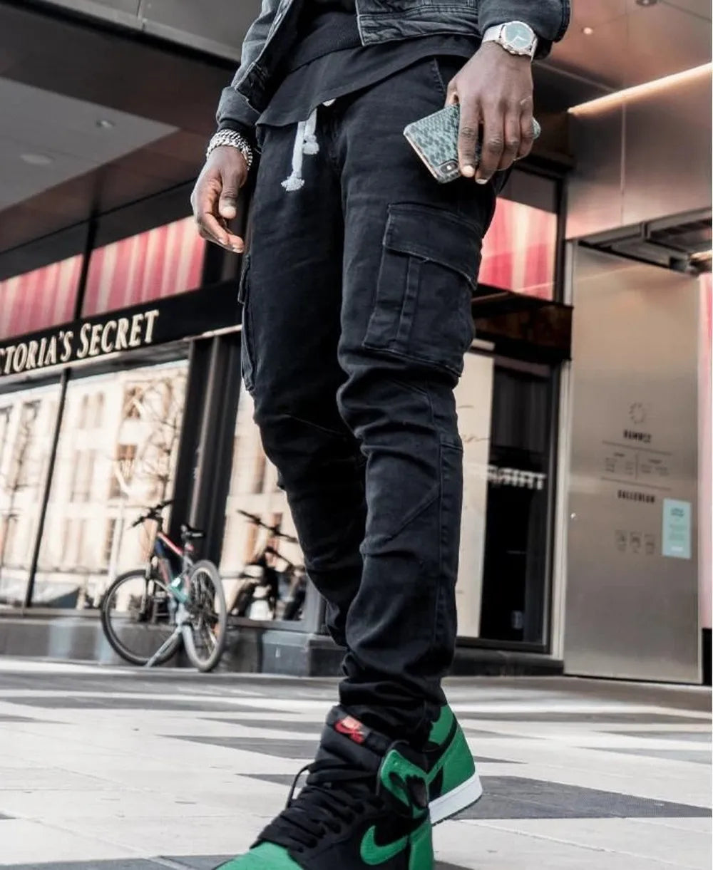 Street Elastic Jeans Men Denim Cargo Pants Wash Solid Color Multi Pockets Casual Mid Waist Trousers Slim Fit Daily Wear Joggers - Tasawoq