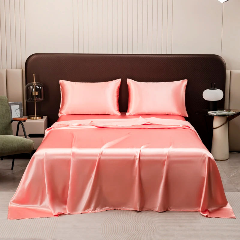 Satin Bed Sheet Sets for Summer Silky Smoooth Top Sheet with Pillowcase Single/Queen/King Ice Cooling Flat Bed Sheet Sets - Tasawoq
