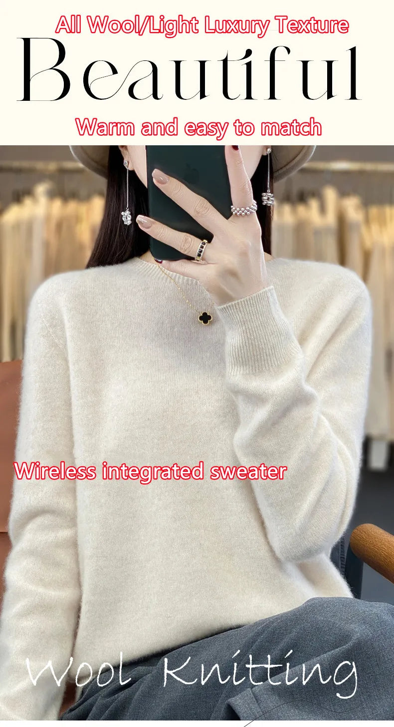 Women's 100% Beautiful Wool Round Neck Top Fashion Versatile Knitted Loose Long Sleeve Pullover Thin Sweater Yuan Ling - Tasawoq