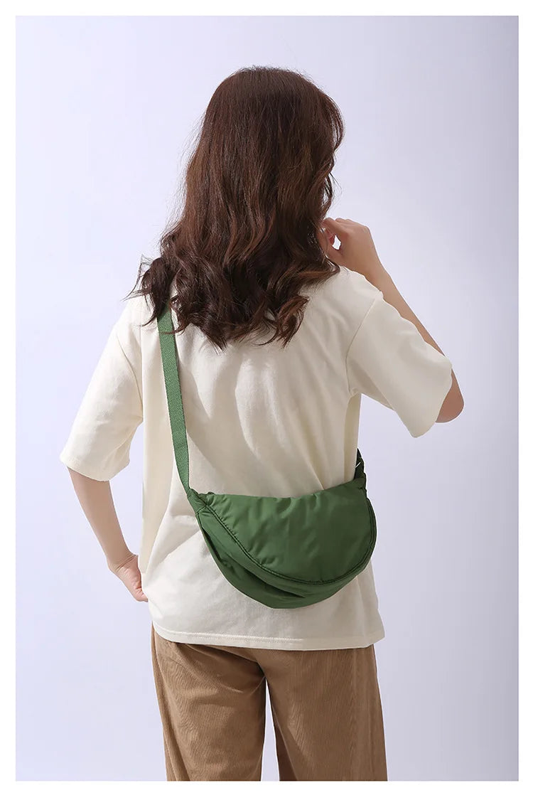 Solid Color Women's Portable Shoulder Bag Simple Female Nylon Cloth Padded Crossbody Bags Travel Purse Handbags Messenger Bag - Tasawoq