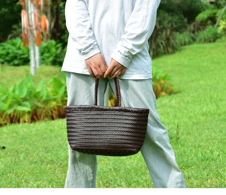 Handbags Women's Genuine Leather Shoulder Bag Weaving Casual Shopping Bag Vintage Big Tote Purse Cowhide Cross Hand Bags Lady - Tasawoq