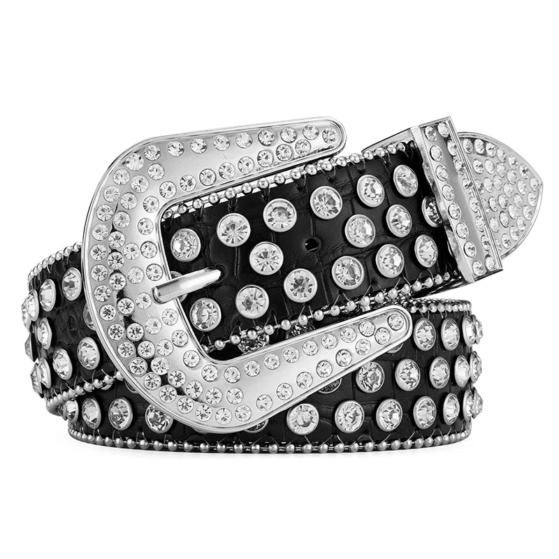 Men's Jeans Rhinestone Large Size Belt Women's Belt Western Denim Shiny Rivet Design Leather HipHop Punk Rock Y2K Style Belt - Tasawoq