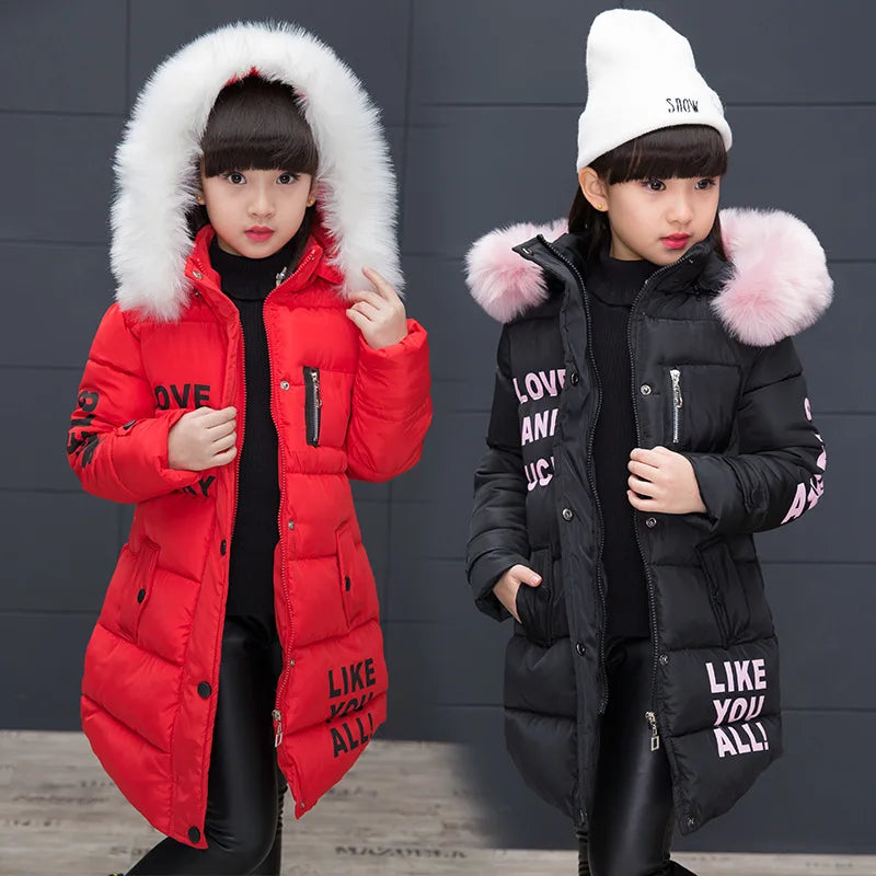 2024 Winter Warm Jackets for Girls Fashion Fur Hooded Children Girls Waterproof Outwear Kids Cotton Lined Parkas - Tasawoq