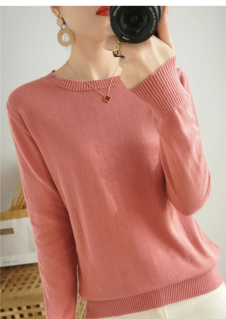 Women's 100% High-quality Cotton Knitted Sweater, Temperament Round Neck Top, Breathable And Versatile Pullover, Long Sleeved - Tasawoq