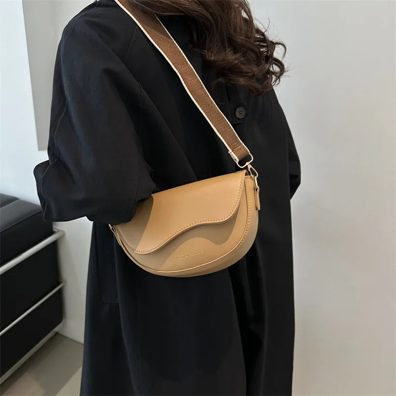 Women Vintage Solid Color Flap Small Saddle Shoulder Underarm Bag Fashion PU Leather Wide Strap Crossbody Bag Shoulder bag zwq - Tasawoq