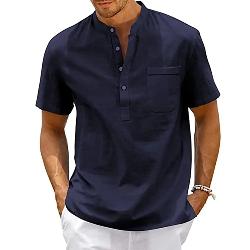 Cotton Linen Shirt Men Henley Neck Pocket Casual Beach Short Sleeve Solid Color Male Tops T-shirts Vintage Streetwear - Tasawoq