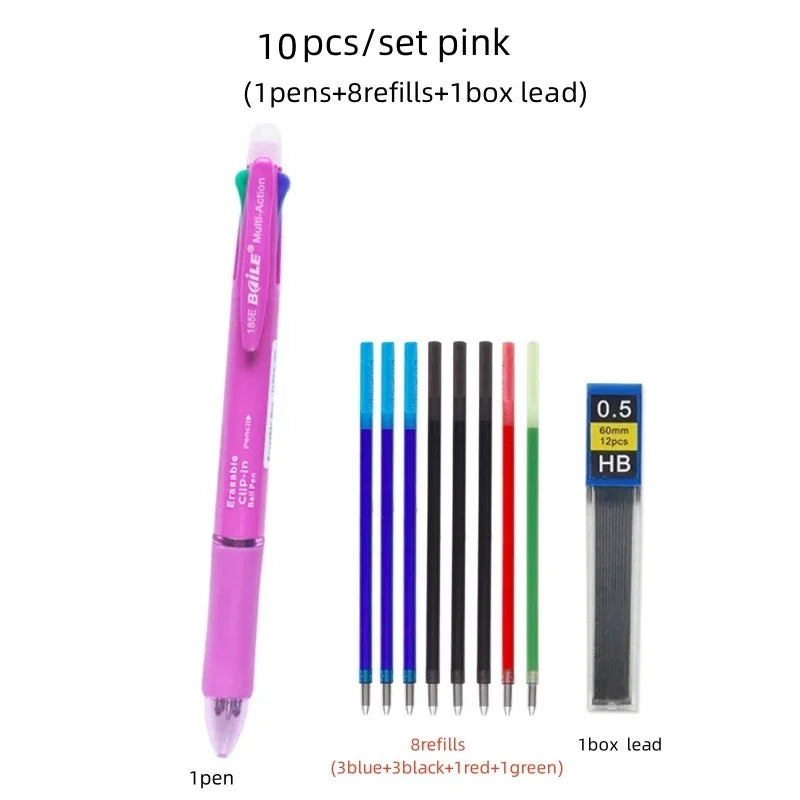 5 In 1 Multicolor Erasable Gel Pen with 4 Colors Replaceable Pen Refill 1 Automatic Pencil Lead Stationery School Writing Supply