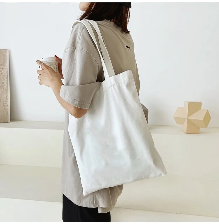 Large Capacity Black White Canvas Shoulder Tote Bag Folding Eco Cotton Handbag Reusable DIY Shoulder Bag Shopping Bag - Tasawoq